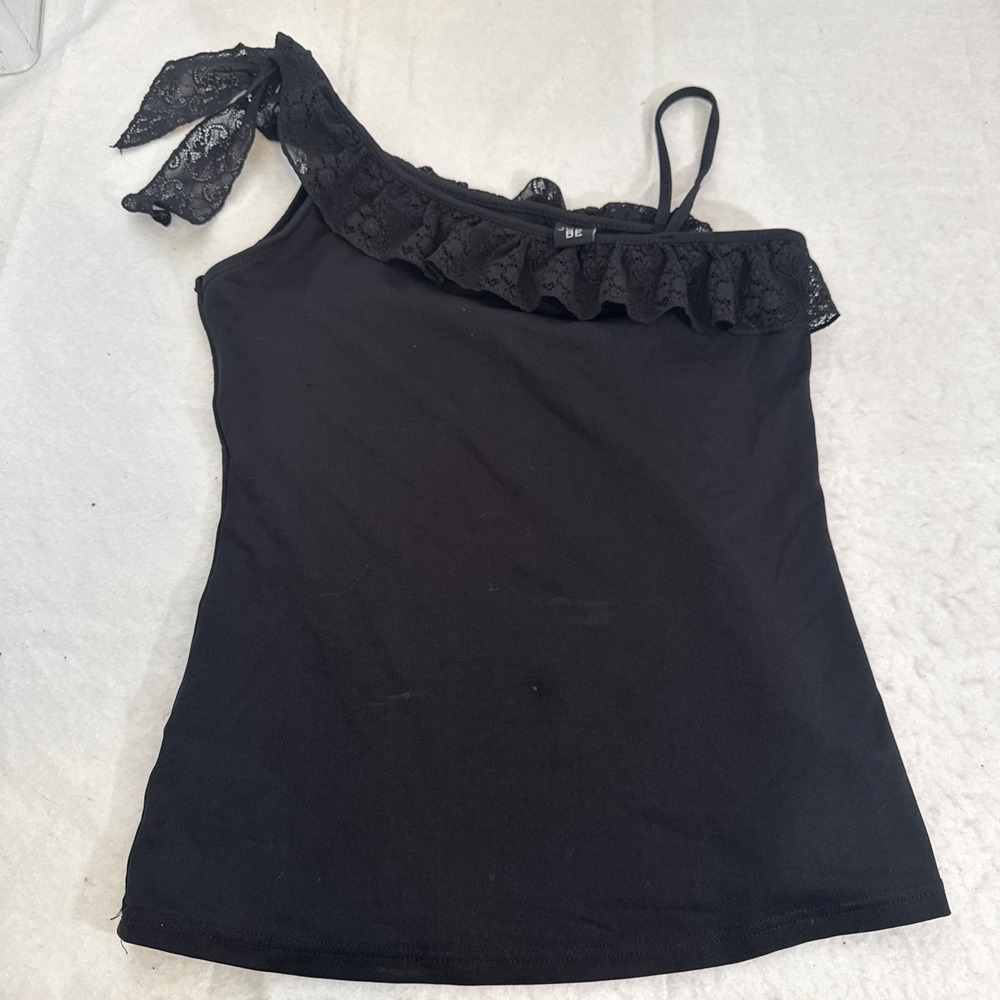 Vintage Y2K Black Top Lace‎ Trim Tie Shoulder By Just Be Paper Tag Stretch Small